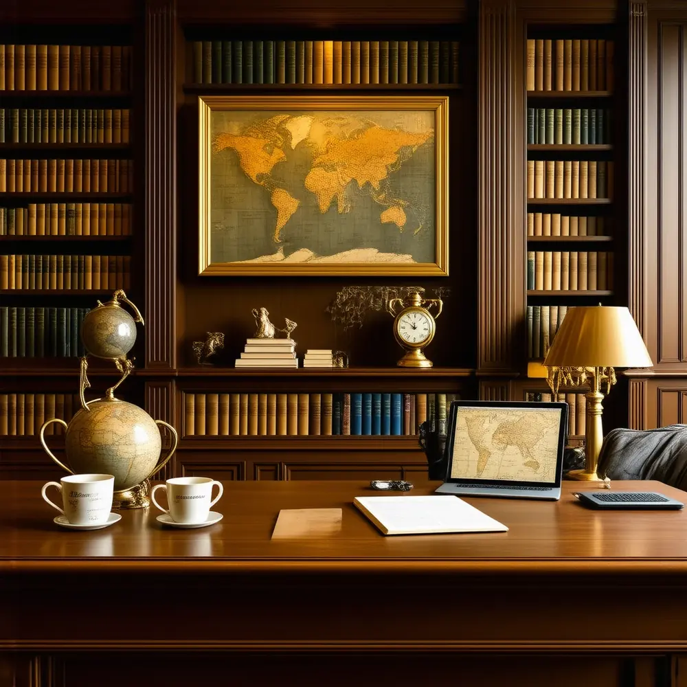 Bureau d'expertise : bibliothèque, globe et mappemonde ancienne